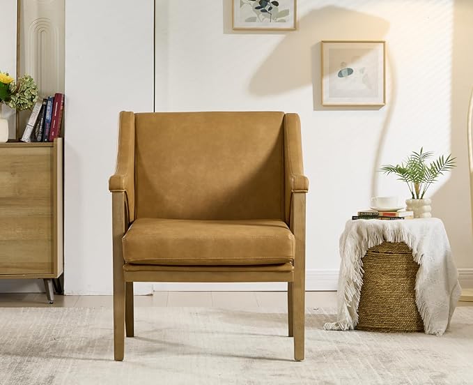 EALSON Modern Accent Chair Comfy Leather Living Room Chair with Wooden Frame and Armrest Mid Century Upholstered Reading Lounge Armchair for Living Room/Bedroom/Reading/Balcony Brown