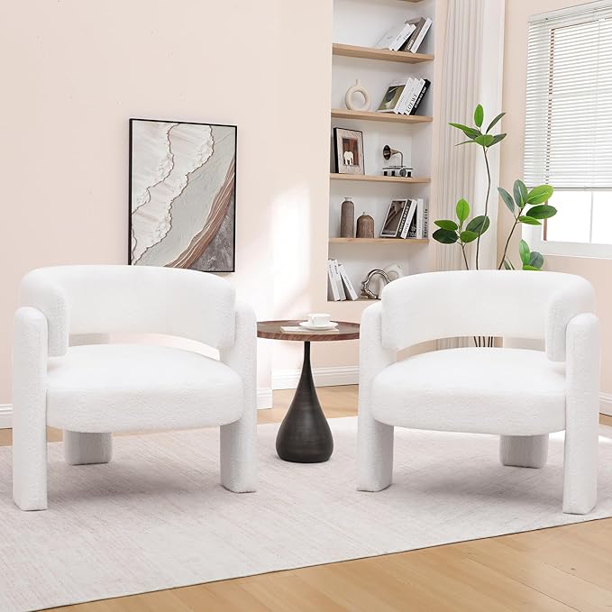 Accent Chairs Set of 2 Modern Sherpa Barrel Chairs Upholstered Living Room Chairs with 3 Legs Comfy Armchair Reading Side Chair for Bedroom Office Apartment White