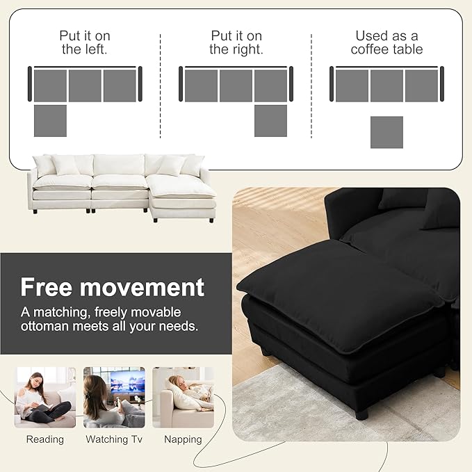 Modular Sectional Sofa108.27'' Modern Corduroy Sofa Set for Living Room with 3 Seat &amp 1 Ottoman &amp 3 Pillows Comfy Cloud Couches with Movable Ottoman DIY Combination Chenille (Black L Shap