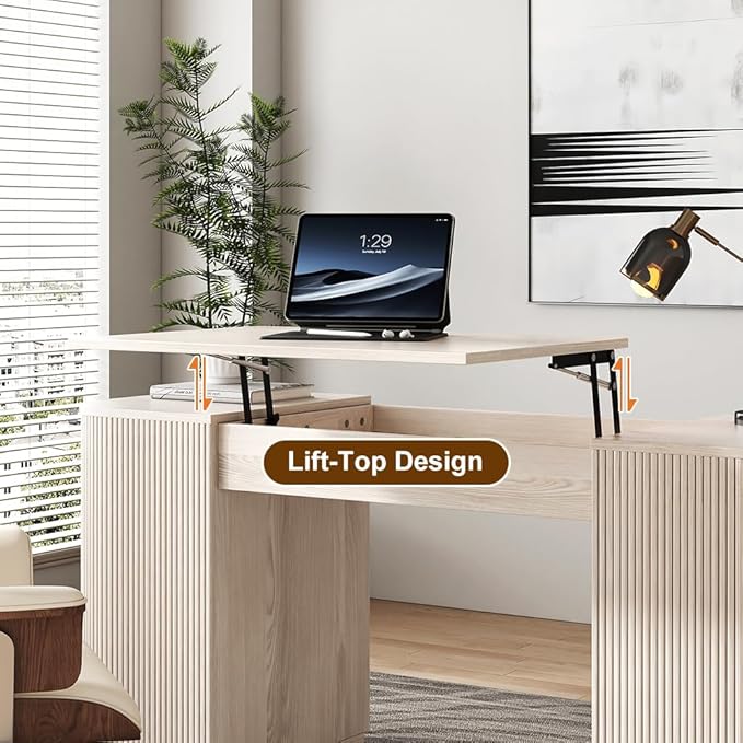homary 59.8 Modern Standing Desk Home Office Desk Engineered Wood Office Desk with Lift-Top &amp Ample Storage for Office Study Wash White