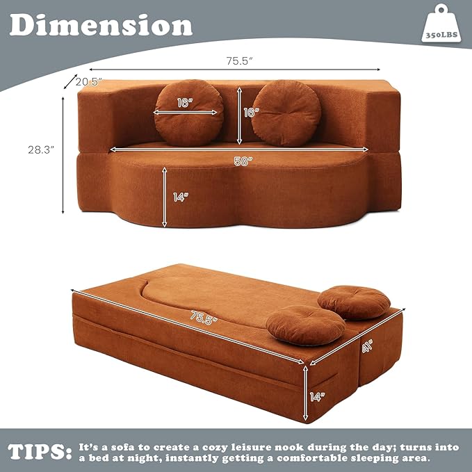 76 Convertible Folding Futon Sofa Bed Queen Sleeper Sofa with Pillow Teddy Fabric Floor &amp Futon Loveseat Couch Foam Folding Mattress Sleeper for Living Room Guest Use OfficeApartment(Orange