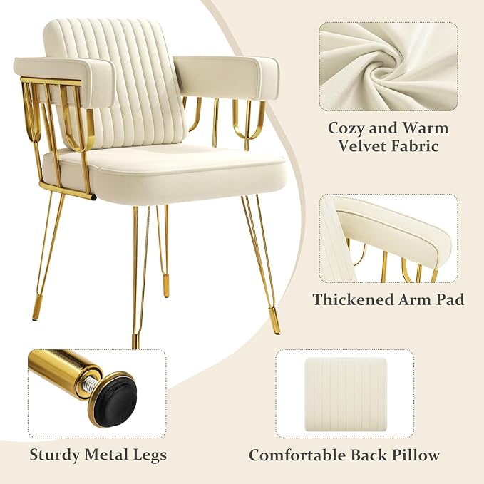 Set of 2 Vanity Chair with Back Velvet Upholstered Accent Makeup Chairs No Wheels with Golden Legs for Modern Glam Living Room Bedroom Home Office Nail Spa Girls &amp Women Beige