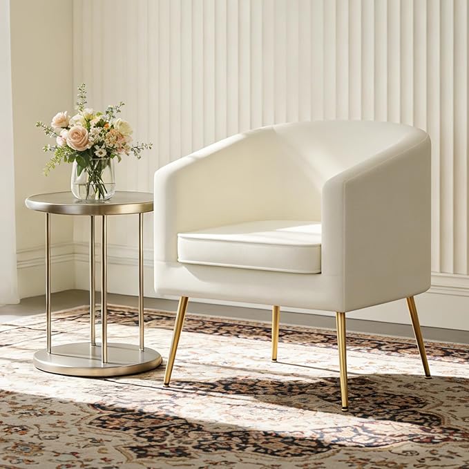 Velvet Accent Chair Modern Barrel Armchair with Gold Legs Upholstered Club Chairs for Living Room/Bedroom/Guest Reception White