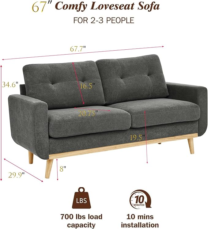 Gray 67 Loveseat Sofa Couches for Small Spaces Mid Century Love Seat Couches for Living Room Upholstered 2-Seater Small Couch for Bedroom ApartmentSolid Wood Legs Easy Assembly (Gray)