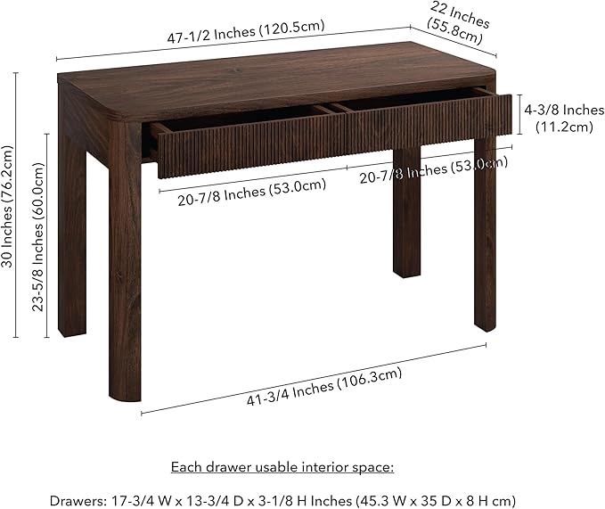 Henn&ampHart 48 Fluted Modern Rectangular Wooden Home Office Desk Computer Desk Writing Table with 2 Ribbed Storage Drawers for Bedroom Living Room or Home Office Warm Brown