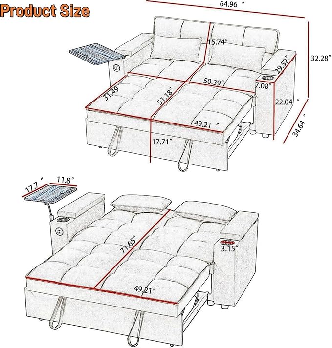 Large Size Convertible Sleeper Sofa BedPolka dot Velvet Pull Out Futon Couch with Storage handrails &amp Rotating Side TablesConvertible Sofa Couch for Living RoomRV