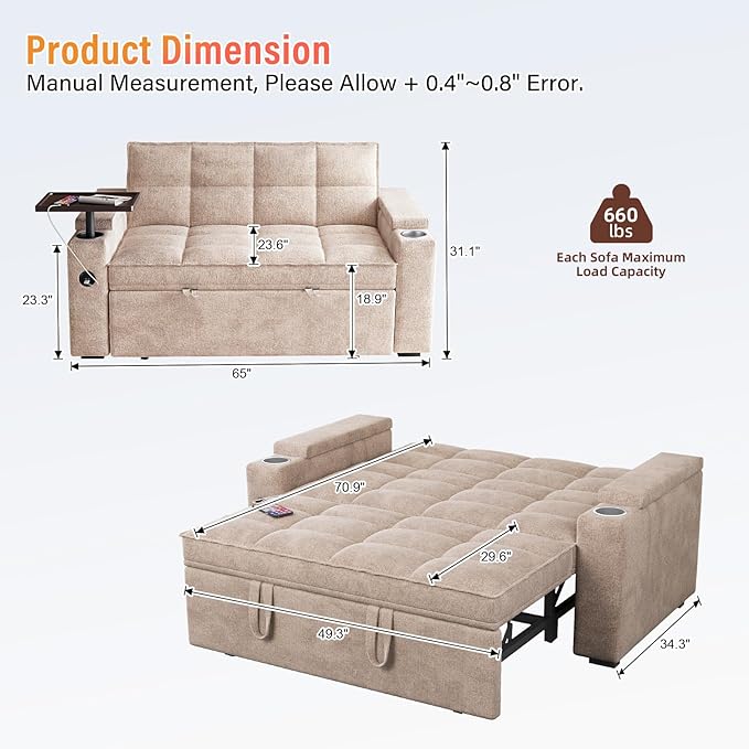 65'' 3-in-1 Convertible Sofa Bed with Adjustable Backrest Pull Out Sofa Chenille Couch Sleeper 360° Swivel Side Table Easy Assembly for Living Room &amp Apartments Khaki