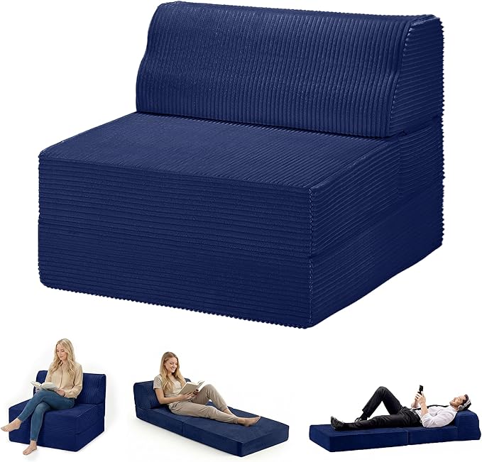 Folding Sofa Bed with Pillow Memory Foam Fold Out Chair Bed Convertible Sleeper Chair with Washable Cover Futon Floor Couch for Living Room/Dorm/Guest Use/Home Office/Apartment Navy Blue