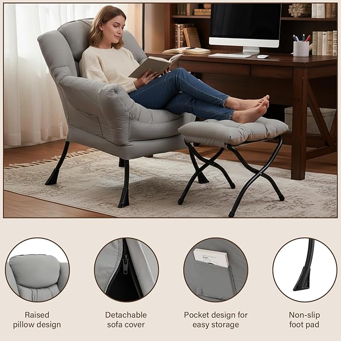 Welnow Lazy Chair with Ottoman Modern Accent Chair with Armrests and a Side Pocket Leisure Sofa Armchair Set Reading Armchair with Footrest for Small Space Light Grey