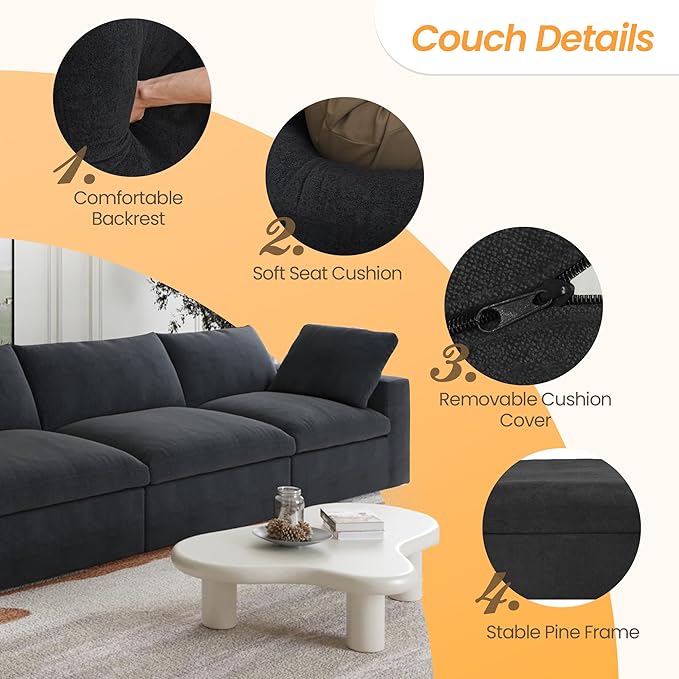 JACH 3-Seater Modular Sectional Sofas for Living Room Modern Convertible Cloud Couches Cushion Covers Removable Free Combination Module Sectional Couch for Living Room Bedroom Apartment (Black)