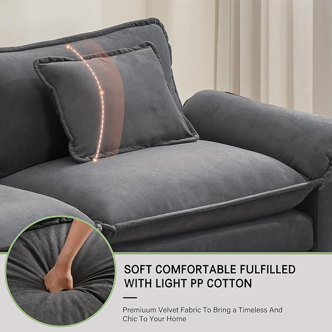 Sectional Sofa Comfy Cloud Couch for Living Room with Pillows Modern Velvet Sofa Sleeper Deep Couches with Ottoman (Grey 3-Seat)