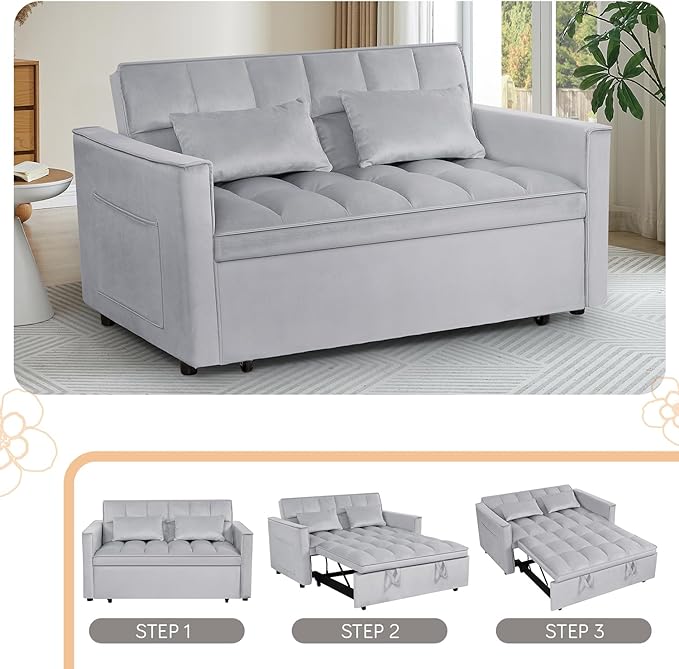 3 in 1 Convertible Sleeper Sofa Futon BedModern Velvet Pull Out Couch Bed with Reclining Backrest&amp2 Pillows54 Full Size Small Love Seat Lounge Couches for Small SpacesLiving Room (Silver grey)