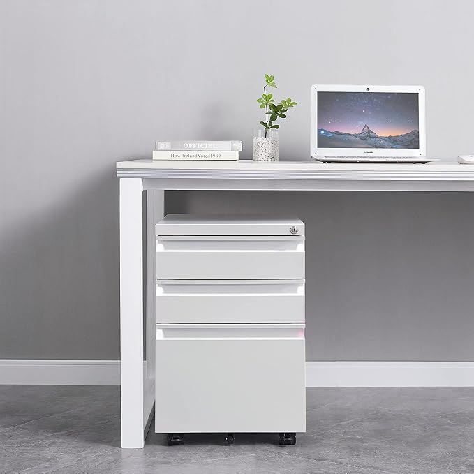 3 Drawer Mobile File Cabinet with Lock Under Desk Metal Filing Cabinet for Legal/Letter/A4 File Installation Required (White)