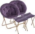 Magshion Folding Saucer Chair for Adults with Ottoman Circle Reading Chair for Bedroom Living Room &amp Dorm Furry Comfy Accent Seat with Metal Leg &amp Thick Padded for Small Spaces (Purple 2 P