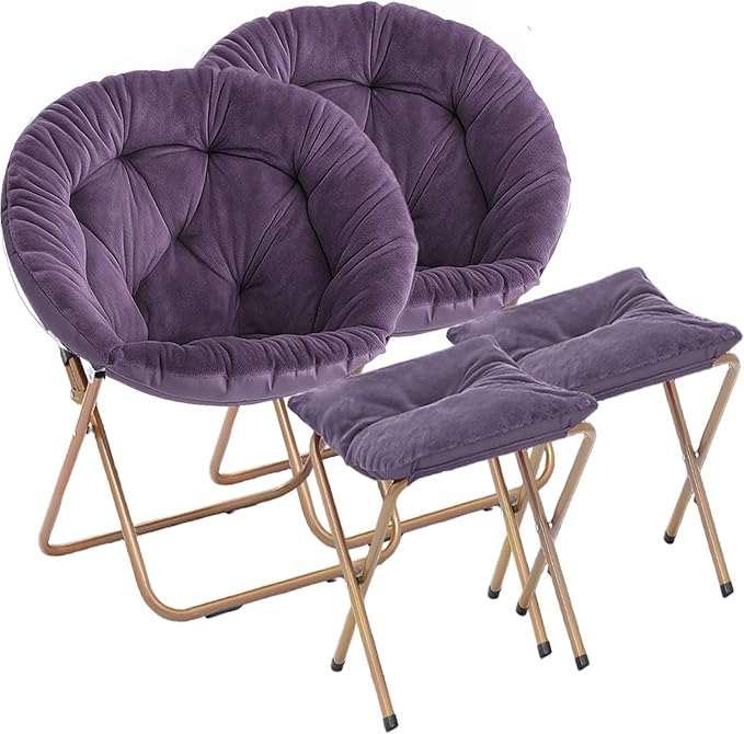 Magshion Folding Saucer Chair for Adults with Ottoman Circle Reading Chair for Bedroom Living Room &amp Dorm Furry Comfy Accent Seat with Metal Leg &amp Thick Padded for Small Spaces (Purple 2 P