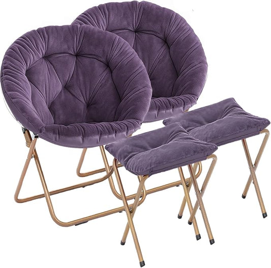 Magshion Folding Saucer Chair for Adults with Ottoman Circle Reading Chair for Bedroom Living Room &amp Dorm Furry Comfy Accent Seat with Metal Leg &amp Thick Padded for Small Spaces (Purple 2 P