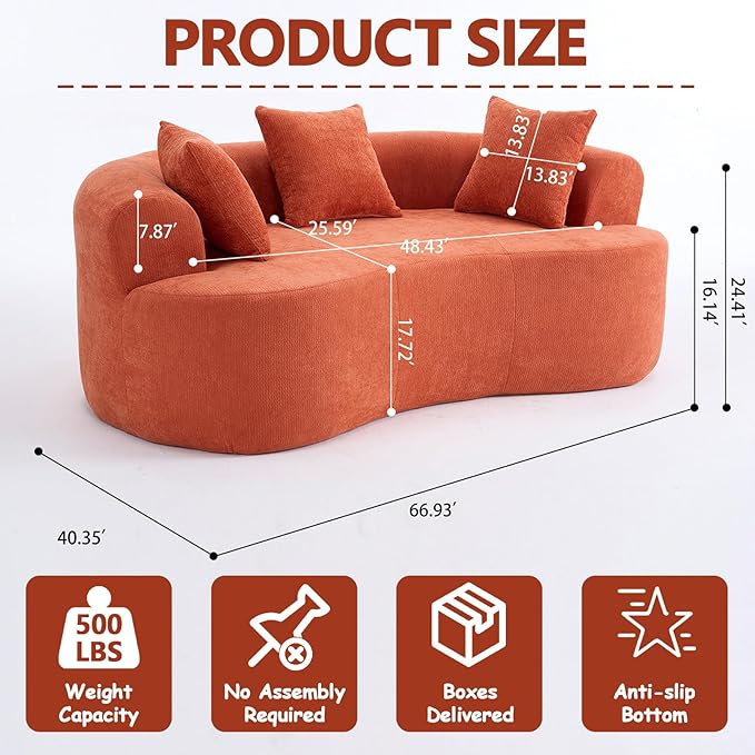 67 Curved Loveseat for Small Spaces Orange Curved Couches for Living room Compression Sofa in a Box with 3 Pillows Small Couch for Bedroom with Wide Armrest &amp Memory Foam No Assembly Required