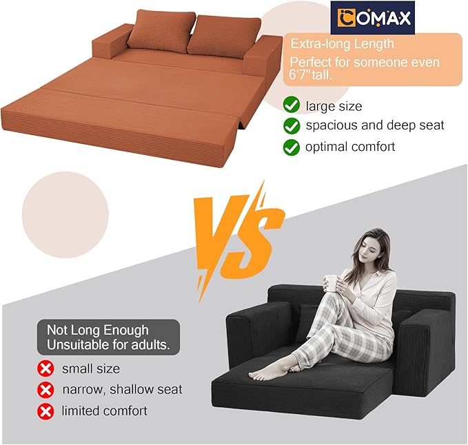 COMAX Convertible Sofa Bed Queen Corduroy Folding Floor Couch Pull Out Couch Bed Futon Sleeper with Pillows Fold Out Boneless Sofa Comfy Lounge Mattress Loveseat for Living Room Bedroom