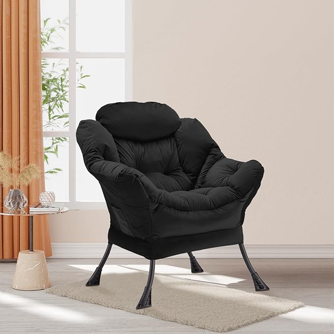 Lazy Chair Thick Padded Comfy Velvet Accent Lounge Chair with Stable Frame Leisure Sofa Armchair with Armrests and Side Pocket Reading Chair for Bedroom Living Room Office Black