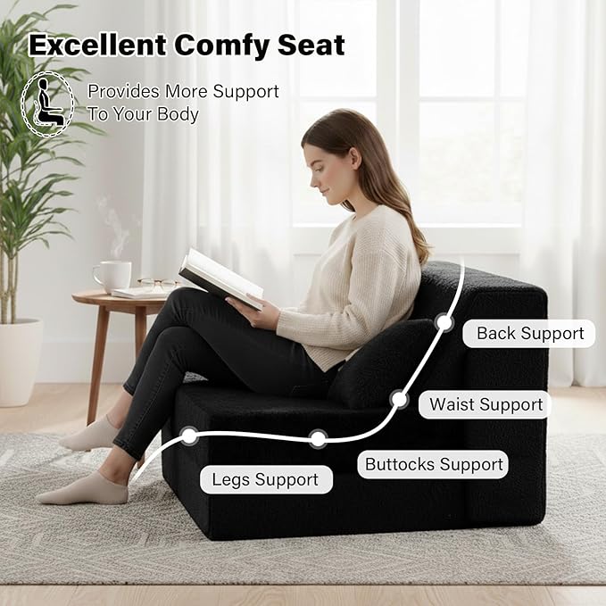 Tiita Convertible Folding Sofa Bed Single Size for Adults with Pillow Plush Fabric Floor Mattress Couch Bed Washable Cover &amp Side Pocket Guest Room Dorm Apartment Living Room Black