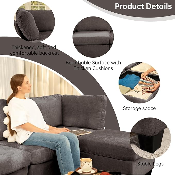 L Shaped Sofa Modern Sofa Modular sectional Cloud Couch with 1 Ottomans 5-seat Chenille deep-seat with Storage and 6 Pillows for Living Rooms bedrooms and Apartments (Coffee)