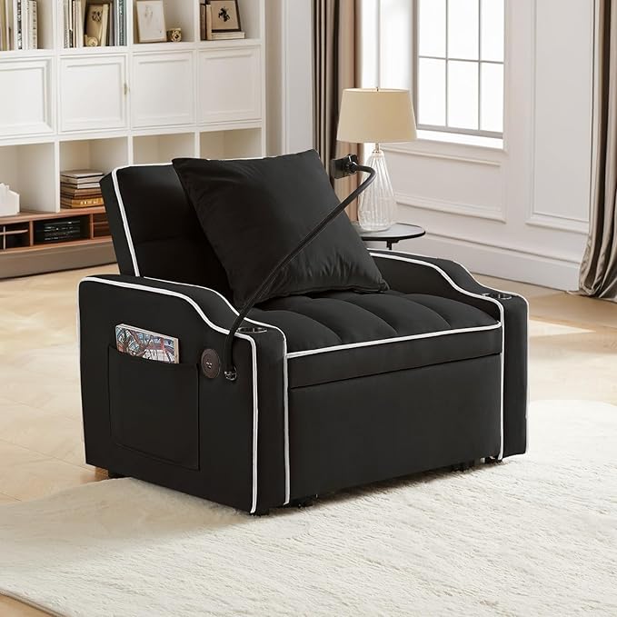 Sleeper Sofa Chair Bed with Charging Ports &amp Phone Holder &amp Cup Holder Modern Velvet 3 in 1 Convertible Pull Out Single Sofa Chair Bed for Small Spaces Apartment Black