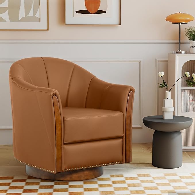 360° Swivel Accent Chair Modern Leather Barrel Club Chair with Leather Upholstery and Sturdy Wood Base Comfortable Armchair for Living Room Bedroom Reading Nook Brown