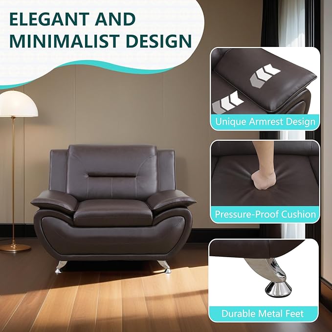 Brown Leather Sectional Sofa Couch Set Modern Sofa Set with Metal Feet 3PCS Living Room Furniture Set Easy Clean Faux Leather Loveseat &amp 2 Chairs for Home/Office/Club 2+1+1 Dark Brown