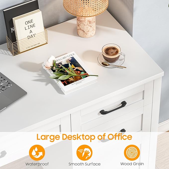 Farmhouse 47 Executive Desk Computer Desk with File Drawer and Charging Station Workstation for Home Office Study.（Cream White