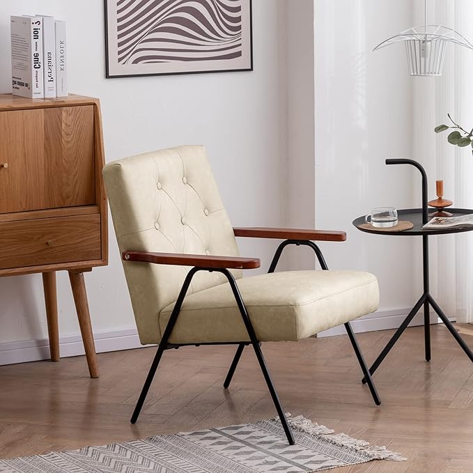 UNICOO - Modern Accent Chairs Mid-Century Armchair Living Room Chairs Leisure Chair with Metal Legs Reception Side Chairs (ZKL-222K-Beige)