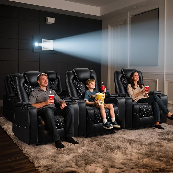 ANJ Power Recliner Chair Set of 3 Electric Soft Faux Leather Reclining Home Faux Theater Seating - USB Ports Cup Holders Hidden Arm Storage Movie &amp Media Room Chairs (Black)