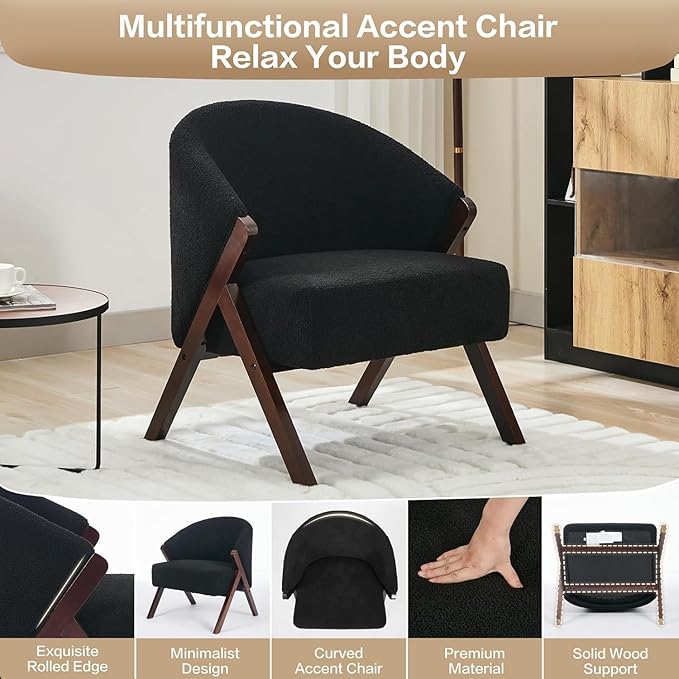 PU Leather Mid-Century Modern Accent Chair with Wooden Legs Comfortable Upholstered Reading and Leisure Chair for Living Room Bedroom and Waiting Room-Black