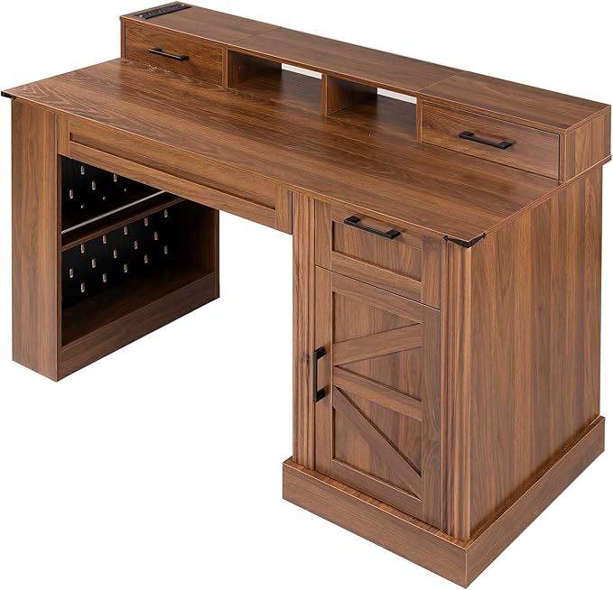 White Farmhouse Desk with Drawers &amp Charging Station Wood Executive Desk with Storage Cabinet &amp Keyboard Tray Computer Desks with Monitor Stand &amp Pegboard for Home Office (Brown)