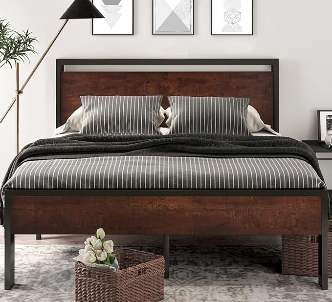SHA CERLIN 14 Inch Queen Size Metal Platform Bed Frame with Wooden Headboard and Footboard Mattress Foundation No Box Spring Needed Large Under Bed Storage Non-Slip Without Noise Mahogany