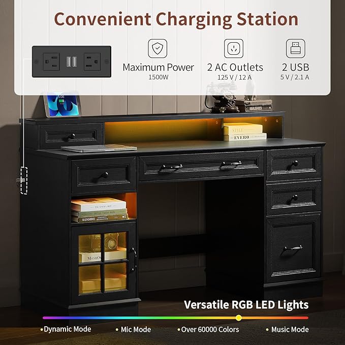 Farmhouse Executive Desk with Drawers Computer Desk with File Drawers Power Outlet and Led Lights Executive Office Desk with Storage Cabinet and Monitor Shelf for Home Office Black