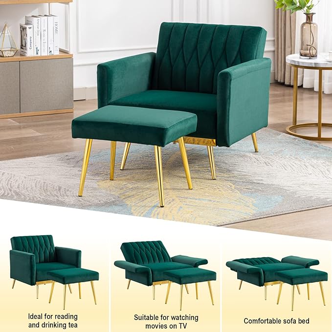 Paddie Modern Velvet Single Sofa Chair with Ottoman Accent Living Room Chairs with Adjustable Armrests Upholstered Tufted Lounge Chair for Home Bedroom Office