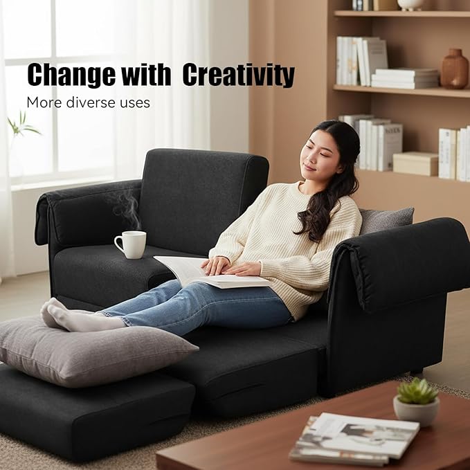Convertible Sleeper Sofa Bed Pull Out Couch with High-Density Foam Modern Upholstered Loveseat Futon 2-in-1 Full Size Bed for Living Room Apartment Small Space (Black) | Foldable Convertible Bed
