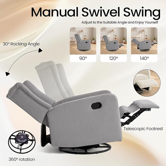 360 Swivel Rocker Recliner Chair for Adults Nursery Chair for Small Spaces Living Room Upholstered Fabric Glider Recliner Grey