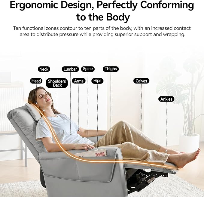 AIRSKY Leather Recliner Chair Top Grain Leather Italian Water-Washing Process Movable HeadrestRecliner Chairs for Adults Nursery Rocking ChairsSwivel Rocker Recliner Living Room ChairGreyR3