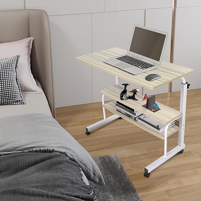 Moblie Standing Computer Workstation with Wheels for Bedroom Home Office with Storage Layers Height Adjustable Sofa Desk - 4 Locking Wheels Writing Tray