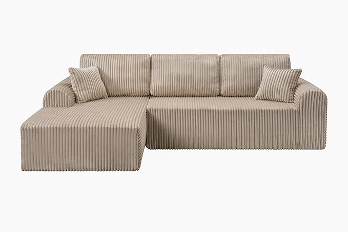 109-Inch L-Shaped Left Facing Boneless Corner Sofa 2 PCS Modular Sectional Cloud Sofa Couch with Chaise Lounge and Toss Pillow Corduroy Boneless L-Shaped Couches