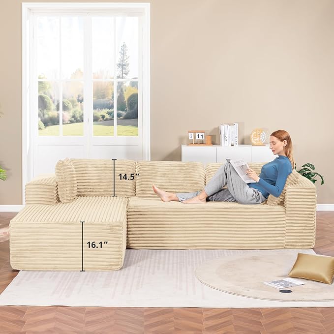 LUCKLIFE Modular Sectional Couch with L-Shape ChaiseCorduroy Upholstery Boneless Couches for Living RoomOversized Sleeper SofaNo Assembly Required (Beige L Shape with Left Facing Chaise)