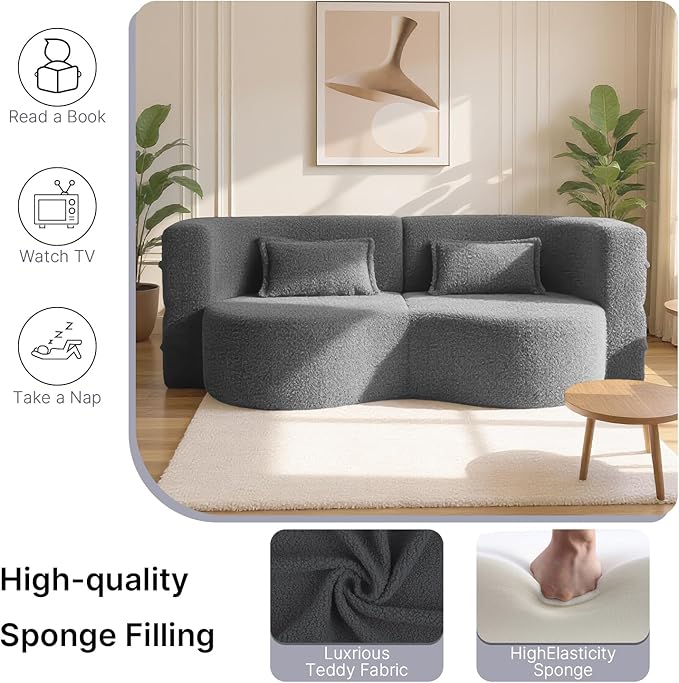 78 Inch Couch Queen Sleeper Sofa Bed Loveseat Cloud Convertible Folding Teddy Full Size Boneless Sofabed for Living Room Guestroom Lazy Lounge Floor Fold Out Sofa Bed No Assembly