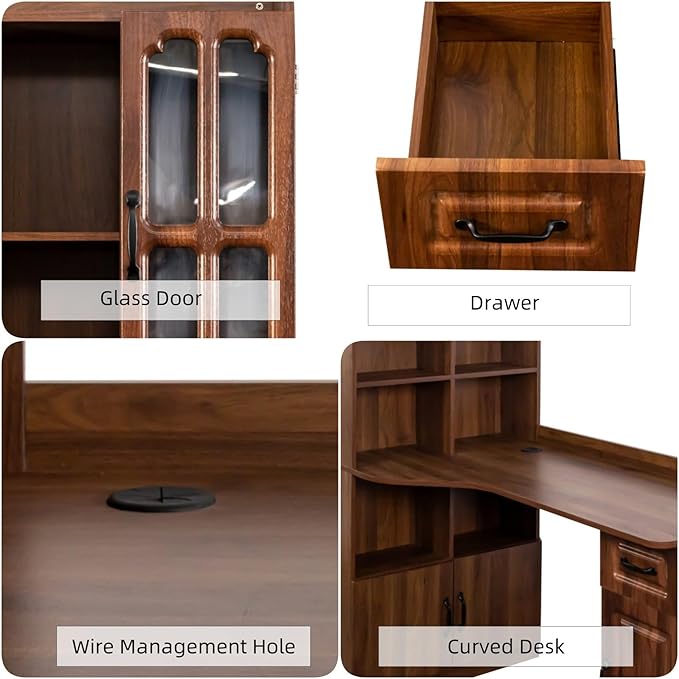 KEIKI Home Office Desks with Hutch Drawers Bookshelf Storage Cabinet &amp Glass Doors Modern Wooden Computer Corner Table for Work Study Writing