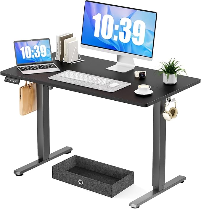 Electric Standing Desk with Drawer - 48 x 24 inch Adjustable Height Sit to Stand Up Desk with Splice Board Rising Home Office Computer Table with 2 Hook and Wire Hole for Work Study or Gaming