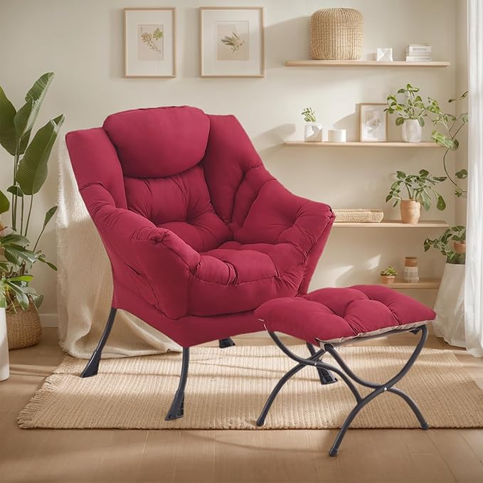 Lazy Chair with Ottoman Large Burgundy Accent Chair with Ottoman Comfy Reading Armchair Leisure Sofa Chair for Living Room Bedroom Dorm Room Office