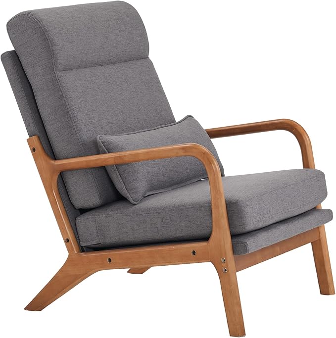 Mid-Century Modern Accent Chair with CushionHigh Back Solid Wood Armrest Chairs Backrest Linen Fabric Indoor Leisure Chair for Living RoomBedroomReadingBalcony (Grey)