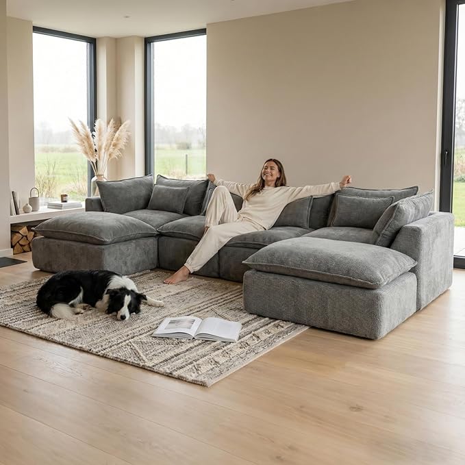 130 Oversized Cloud Sectional Sofa U Shaped Boneless 4-Seater Modular Couch with Ottoman Extra Deep Seat Compressed Foam Sofa for Living Room Gray
