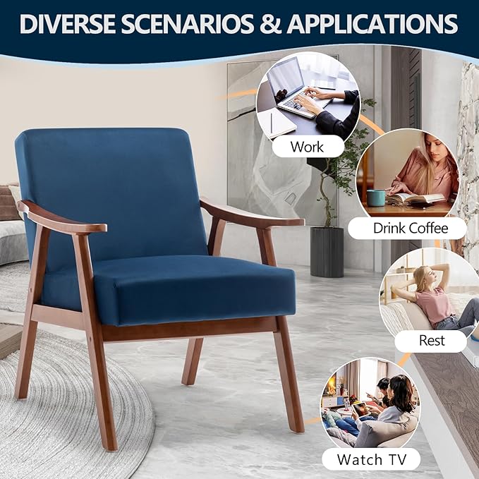 Fefances Mid-Century Modern Accent Chair - Solid Wood Frame Ultra-Thick Backrest Wingback Design Perfect for Bedroom &amp Indoor Lounge AreaBlue