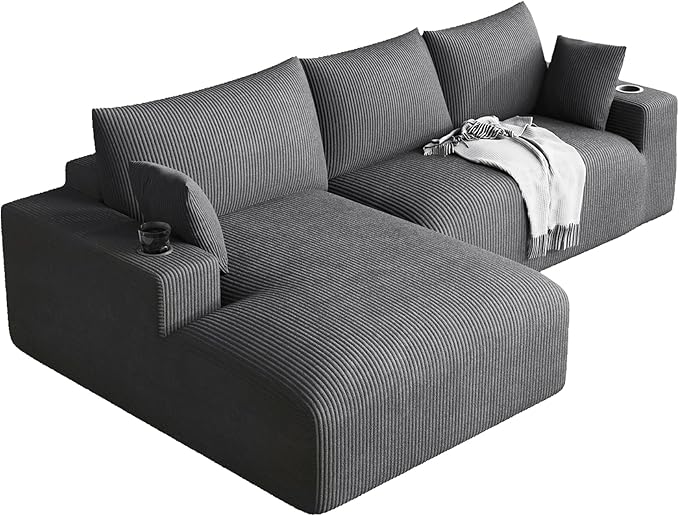 Oversized L Shaped Boneless Couch with 52 Wide Oversize Chaise 113 Fluffy Cloud Sectional Couches for Living Room Plush Corduroy Memory Foam Modular Sectional Sofa with Cup Holder Grey